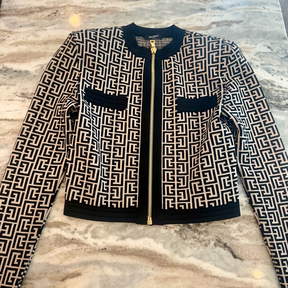 Balmain Black and White Geometric Pattern Jacket